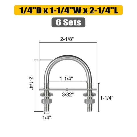 Six Piece Round U Bolt Set For Boat Trailers, Built Tough, 304 Stainless Steel U Bolts With Nuts, Plates And Washers diagram