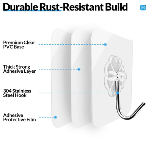 Heavy Duty Adhesive Wall Hooks 12 Pack Clear Rust Resistant Stainless Steel Sticky Hangers With Beefy Load Capacity showing durable build.