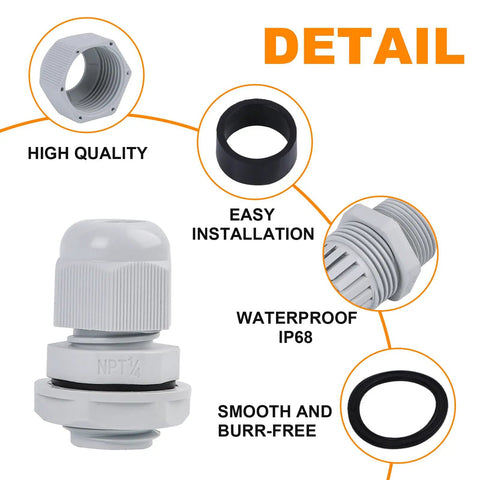 Close-up of Fifteen Pack NPT One Quarter Inch Nylon Cable Glands for Electrical Strain Relief and Waterproof IP68 Cord Connectors