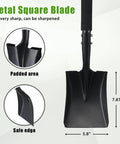 Front view of Compact 31 Inch Metal Square Shovel With D Handle showing blade and size dimensions, focusing on safe padded area.