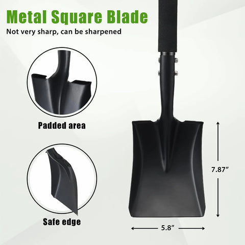 Front view of Compact 31 Inch Metal Square Shovel With D Handle showing blade and size dimensions, focusing on safe padded area.