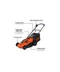Corded Electric Push Lawn Mower With 13 Amp Motor, 20-Inch Deck, 6-Position Height Adjustment, Winged Blade For Clean Cuts And Bagged Grass, Compact Storage, No-Fuss Tool-Free Height Change with orange and black design and labeled features.