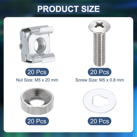 Pro Grade M5 X 20mm Cage Nuts and Rack Screws 20 Pack Zinc Coated showing M5 nuts and screws for server cabinet use.
