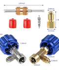 4 Pack R134a Can Tap Kit With Self Sealing And Puncture Taps, DIY Friendly Tank Adapter, Valve Core Remover, And Quick Coupler Refrigerant Dispenser For Car AC System Blue, components displayed with dimensions