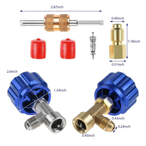 4 Pack R134a Can Tap Kit With Self Sealing And Puncture Taps, DIY Friendly Tank Adapter, Valve Core Remover, And Quick Coupler Refrigerant Dispenser For Car AC System Blue, components displayed with dimensions