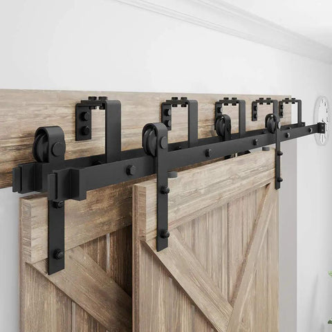 Heavy Duty Metal Sliding Barn Door Hardware Kit For Bypass Systems, 4Ft To 16Ft Rail, Wall Mount Bracket For Double Wooden Doors, Frosted Black Carbon Steel, Fireproof, Waterproof, Rustproof, Easy Install