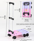 No Sweat Folding Platform Cart With 360 Swivel Wheels For Easy Hauling And Compact Storage Ultralight Utility Dolly dimensions alongside pink and blue design.