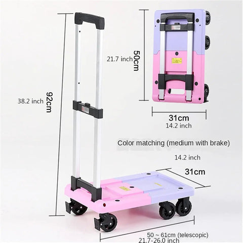 No Sweat Folding Platform Cart With 360 Swivel Wheels For Easy Hauling And Compact Storage Ultralight Utility Dolly dimensions alongside pink and blue design.