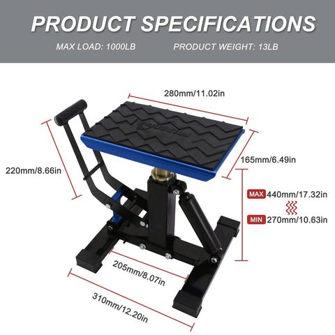 POLARBEAR dirt bike stand with blue platform and black frame; adjustable center jack, 1000 lb cap.