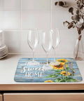 MustHave Kitchen Dish Drying Mat 18x24 for countertop with watercolor sunflower bee pattern and text 'Home Sweet Home' under glasses