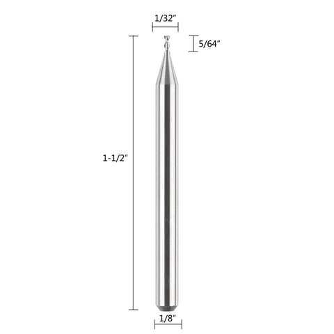 Aluminum End Mills Set One Eighth Inch Shank Two Flute CNC Spiral Router Bits Upcut For Aluminum And Non Ferrous Metals Get A Real Smooth Finish 1.5 Inch Total Length Five Pieces showing front view.