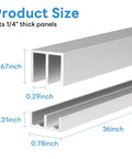 Metal Sliding Door Track Set For One Quarter Inch Thick Panels Ideal For Glass Cabinet Doors And Windows, 36 Inch Long By 0.79 Inch Wide, Silver Finish, Rustproof Aluminum Construction, Smooth Quiet Operation And Easy Installation product showing track dimensions.