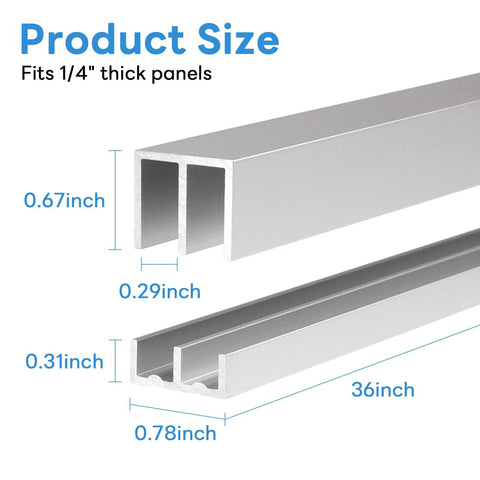 Metal Sliding Door Track Set For One Quarter Inch Thick Panels Ideal For Glass Cabinet Doors And Windows, 36 Inch Long By 0.79 Inch Wide, Silver Finish, Rustproof Aluminum Construction, Smooth Quiet Operation And Easy Installation product showing track dimensions.