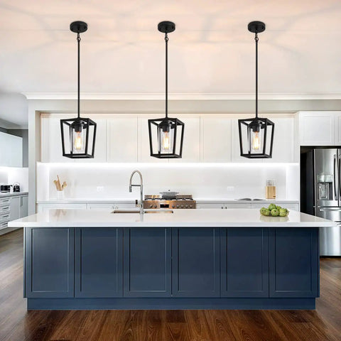 Black Pendant Lights For Kitchen Island, Modern Lantern Fixtures With Clear Glass Shades over a kitchen island
