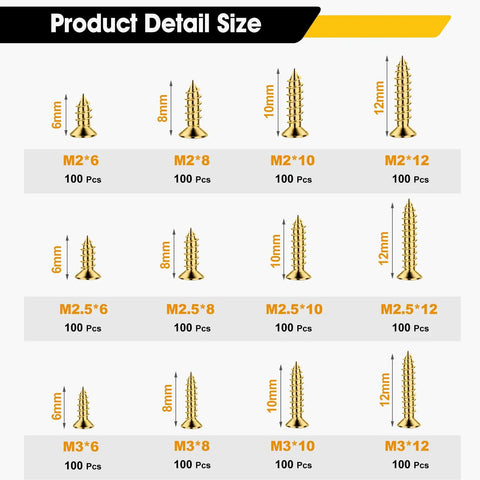 1200-Piece Self Tapping Screws Set For Plastic And Metal In M2 M2.5 M3 Phillips Flat Head Golden Carbon Steel Pro-Grade Assortment