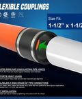 Flexible DWV Coupling One And A Half Inch Black 10 Pack With Universal Fit For Cast Iron Copper Plastic And Schedule 40 Steel Piping Leak Proof Rot Proof And Sealed Against Infiltration Exfiltration For Non-Pressure Drain Waste And Vent Systems on two pipes
