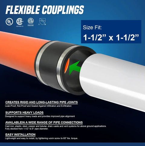 Flexible DWV Coupling One And A Half Inch Black 10 Pack With Universal Fit For Cast Iron Copper Plastic And Schedule 40 Steel Piping Leak Proof Rot Proof And Sealed Against Infiltration Exfiltration For Non-Pressure Drain Waste And Vent Systems on two pipes