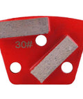 Close-up of a single trapezoid concrete grinding disc with 30 grit, red and metallic design, for floor grinders.