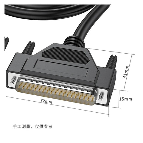 Premium Pure Copper DB37 Extension Cord Male To Female 37 Pin D Sub Connector Cable close-up with dimensions 72mm x 41mm x 15mm.