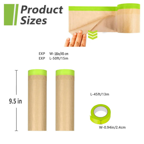 Two Pack Pro Grade 18 Inch Masking Paper Roll With Tape For Painting And Auto Work, 50 Feet Per Roll, size illustration