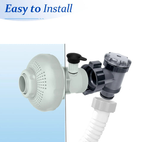 Pool Plunger Valve 12355 With Strainer For Above Ground Pool Parts Replacement On Off Valve Kit close-up of nozzle and handle.