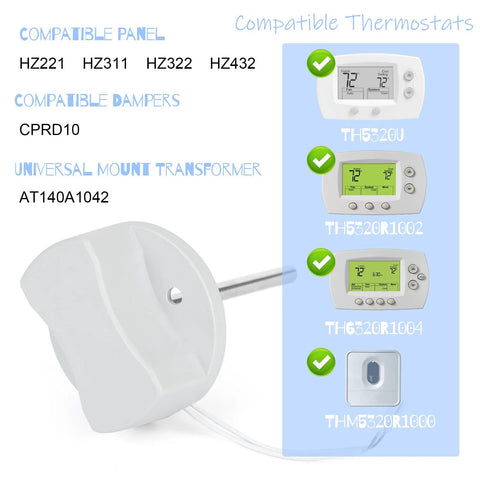 Front view of white plastic discharge air temperature sensor with mounting hole and two wires