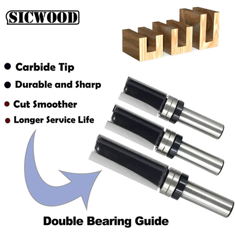 Badass Pattern Flush Trim Router Bit Set Featuring Solid Half Shank Dual Bearing Guides And Razor Sharp Micro Grain Carbide Teeth, 3 bits showcased.