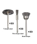 Top Shelf 99 Piece Stainless Steel Wire Brush Kit For Rotary Tools With 3Mm Shank set of T-shape, pen-shape, and bowl-shape brushes.