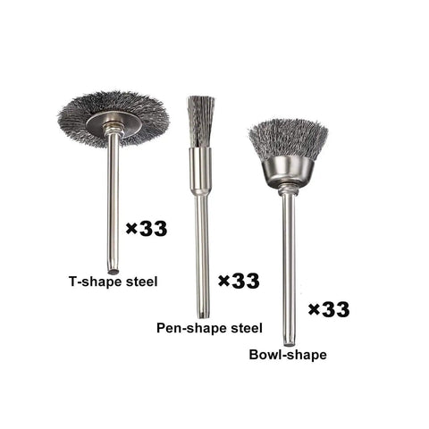 Top Shelf 99 Piece Stainless Steel Wire Brush Kit For Rotary Tools With 3Mm Shank set of T-shape, pen-shape, and bowl-shape brushes.