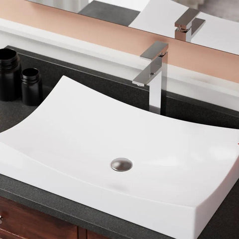 White Porcelain Vessel Sink In Vitreous China With Contemporary Rectangular Design on dark vanity countertop