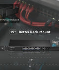 Front view of 24 Port Gigabit PoE Switch With 400W Budget, Two Uplink Gigabit Ports And Two 1G SFP Slots mounted on rack, with dimensions.