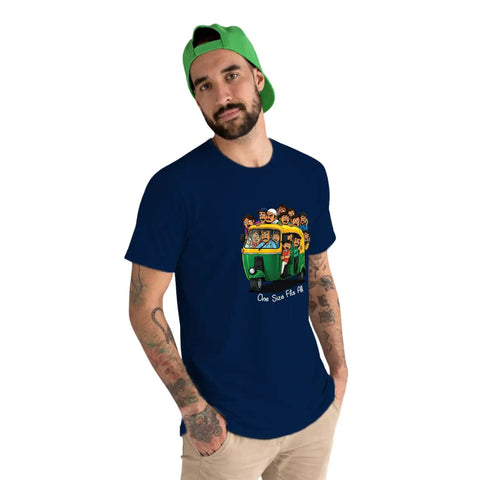 Premium Cotton Unisex T Shirt Featuring Dope Auto Rickshaw Graphic For Super Chill Everyday Vibes Ultra Soft Breathable Fabric In Classic Navy Blue One Size Fits All on male model
