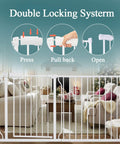 Extra Wide Walk Through Baby Gate Pressure Mounted With Extension showing double locking system in a living room.