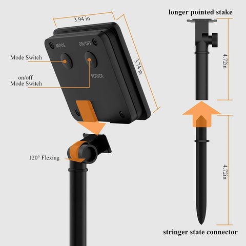 Diagram of 2 Pack Outdoor Solar String Lights 72 Ft With 200 LEDs, IP65 Waterproof showing the stake and flexing mechanism.