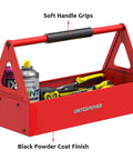 Red Portable Metal Tool Box Tote Tray For Mechanics And DIY Pros On The Go Durable Versatile Storage Organizer That Fits Wrenches Sockets Pliers And Electrician Gear. Red steel tool tray with soft handle grips and powder-coated finish.