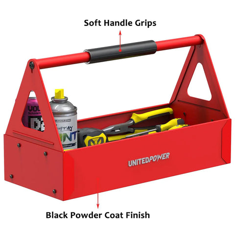 Red Portable Metal Tool Box Tote Tray For Mechanics And DIY Pros On The Go Durable Versatile Storage Organizer That Fits Wrenches Sockets Pliers And Electrician Gear. Red steel tool tray with soft handle grips and powder-coated finish.