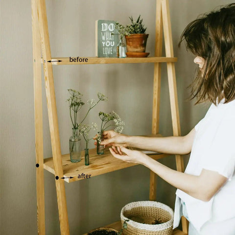 Woman using 580 Pcs Self Adhesive Screw Hole Caps Set, Black Dust Proof Covers For 12mm 15mm And 21mm Holes on wooden shelf
