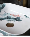 Square Sink Bowls For Bathroom,Ceramic Vessel Sink With Faucet And Drainer Above Counter White Porcelain Ceramic Vessel Vanity Sink With Flower, floral design.