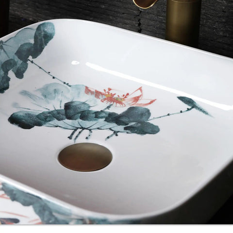 Square Sink Bowls For Bathroom,Ceramic Vessel Sink With Faucet And Drainer Above Counter White Porcelain Ceramic Vessel Vanity Sink With Flower, floral design.
