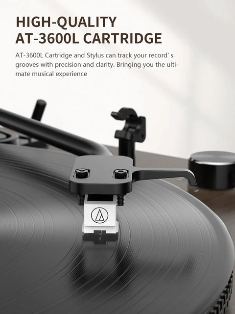 Close-up of AT-3600L cartridge tracking vinyl grooves on Bluetooth Turntable Player With Built In Phono Preamp And Magnetic Cartridge.