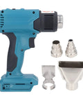 Three Gear Cordless Heat Gun with rechargeable battery and four interchangeable nozzles for portable plastic welding.