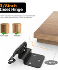 Three Eighth Inch Inset Cabinet Hinges Set Self Closing Flush Mount With Door Bumpers matte black hinge shown next to wooden board