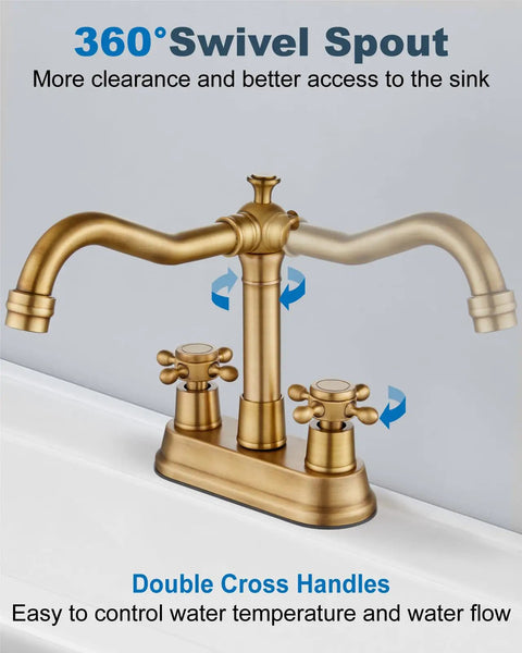 Antique Brass 4 Inch Centerset Bathroom Faucet With Two Cross Handles Retro RV Style Mixer Tap For 3 Hole Basins Vanity Lavatory