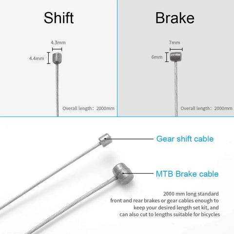 Bike Brake Cable And Shifter Wire Set With Complete Inner Replacement Kit, Alloy End Crimps, 2 Meter Length For Mountain And MTB Bikes, diagram
