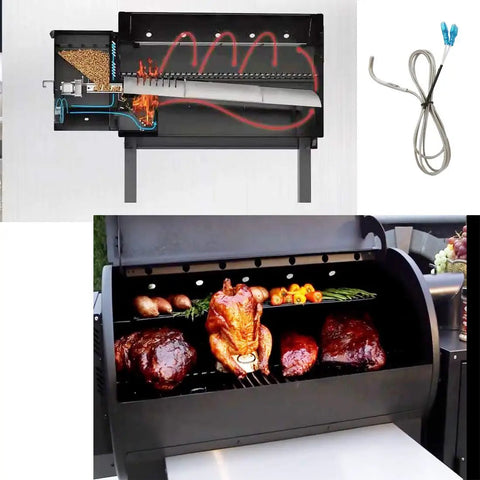Cutaway view of pellet grill with RTD Temperature Sensor Probe Replacement for Pellet Grills and Country Smokers Series Compatible with OEM Part 50151.