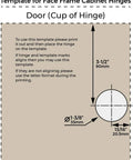 Template for 4 Pack One Half Inch Overlay Concealed Cabinet Hinges With Soft Close And 105 Degree Open For Face Frame And Frameless Doors, Satin Nickel Finish, 45mm Stainless Steel, Six Way Adjustable Self Closing For Your Kitchen Reno showing hinge cup dimensions.