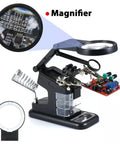 USB Electric Soldering Clamp With 10 LED Magnifying Desk Lamp For Electronics Repair, showing adjustable arm holding a PCB