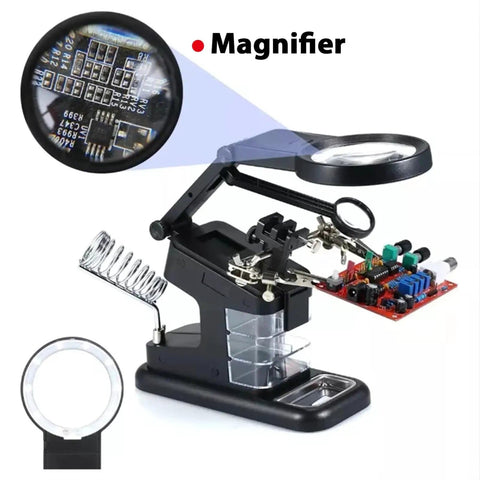 USB Electric Soldering Clamp With 10 LED Magnifying Desk Lamp For Electronics Repair, showing adjustable arm holding a PCB