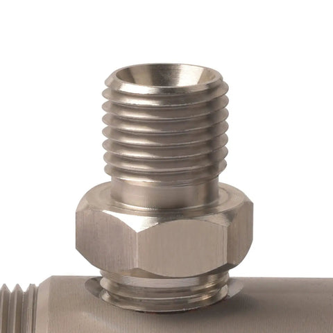 Close-up of airless spray pump fitting for Graco Ultra Max II Sprayers, beefed up alloy build, upgraded wear resistant replacement.