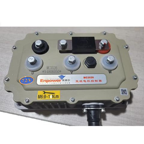 Heavy Duty EV Car Controller For 48V 60V 72V AC Motor Drives Universal Fit With MC3526 MC3527 MC3528 Series gray aluminum unit with connectors.